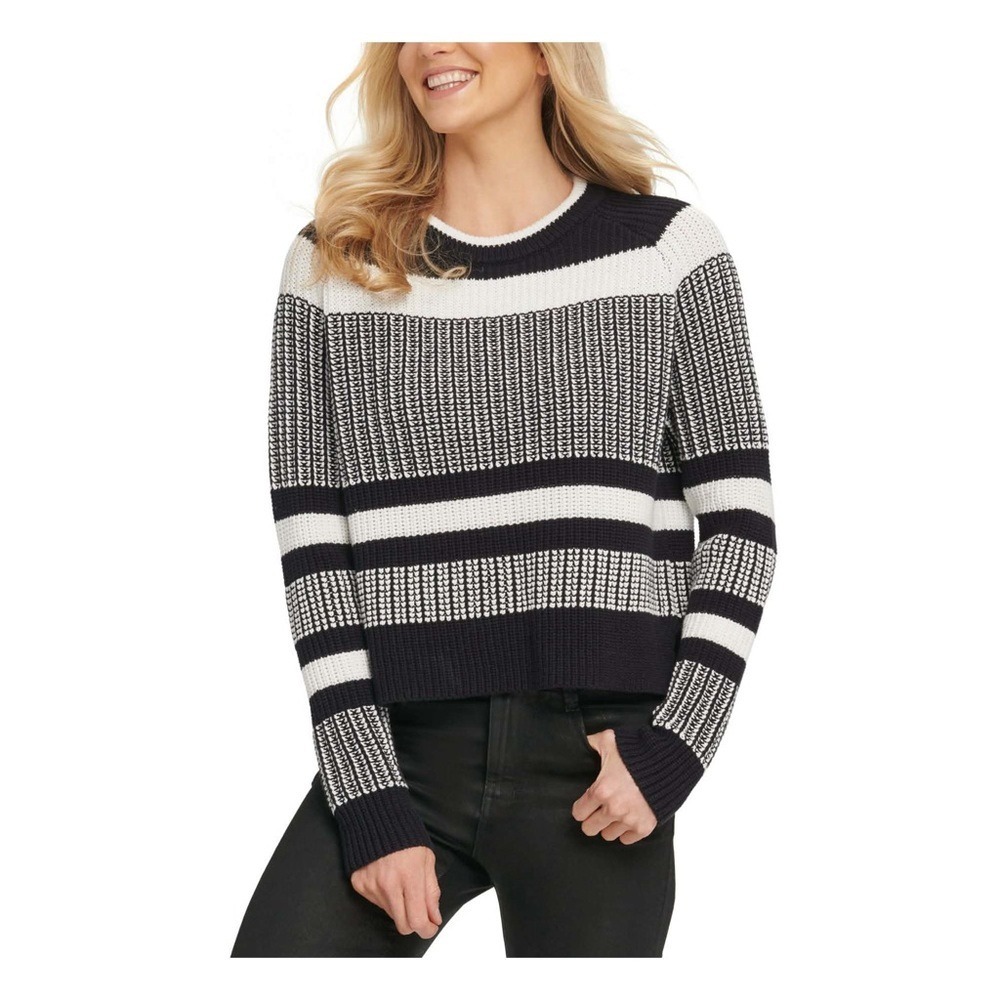 DKNY Black‎ White Cropped Knit Sweater Women's Small Chunky Striped Pullover - Picture 10 of 10